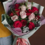 Bouquet of mixed roses and eucalyptus
