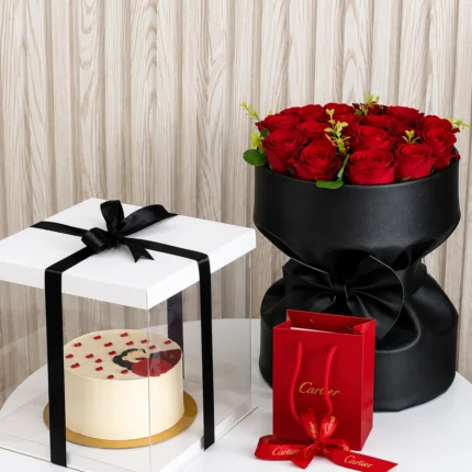 A Bouquet of Roses & a Cake Box with a Gift Necklace